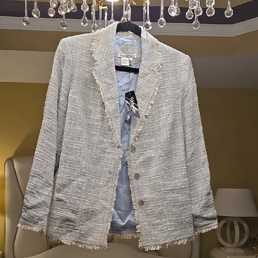 WinterSilks Light Gray Textured Blazer Silk 79%, Cotton 21% Size S